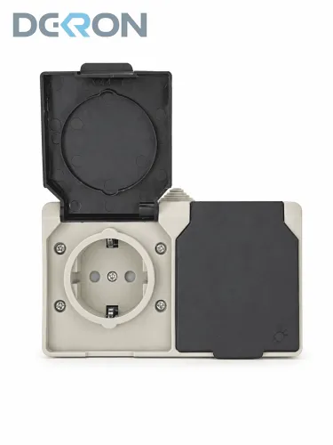 картинка Розетка 2-местная брызгозащищенная IP54, серый DEKRON 
