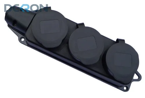 картинка Розетка 3-местная с защитными крышками 16A, 250V, каучук, черный DEKRON 