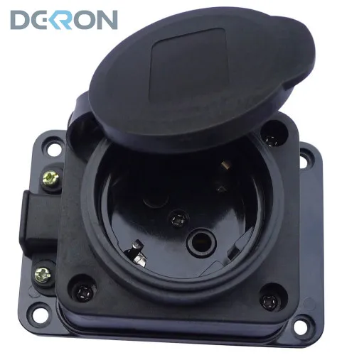 картинка Розетка 1-местная с защитной крышкой 16A, 250V, каучук, черный DEKRON 