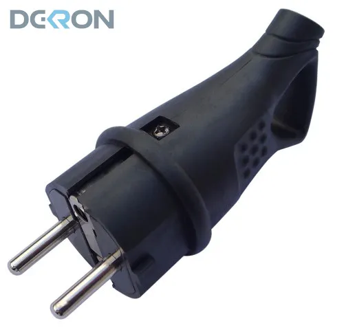 картинка Вилка переносная угловая с кольцом 16A, 250V, каучук, черный DEKRON 