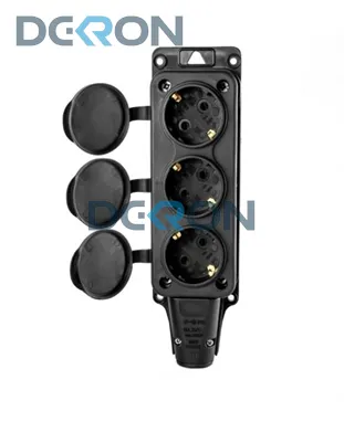 картинка Розетка трехместная влагозащищенная 2P+PE 230V 16A IP54, каучук, черная 