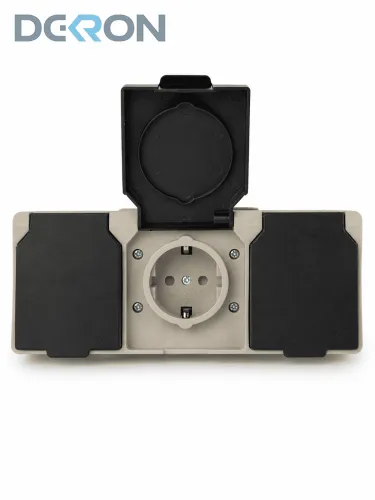 картинка Розетка 3-местная брызгозащищенная IP54, серый DEKRON 