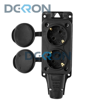 картинка Розетка двухместная влагозащищенная 2P+PE 230V 16A IP54, каучук, черная 