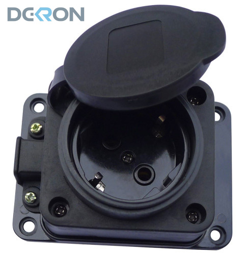 картинка Розетка 1-местная с защитной крышкой 16A, 250V, каучук, черный DEKRON 